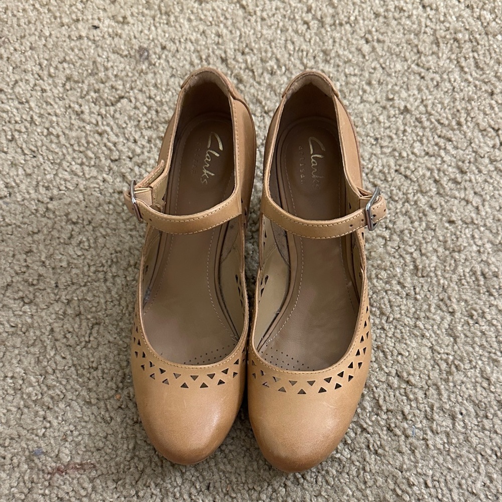 Clarks Tan Mary Jane Heels with Ankle Strap
